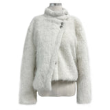 Classic Metal Wave Double Button High Neck Fur Coat (White)