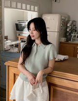 #ヘアリーアンゴラカラーハーフボタン半袖ニット (4color)