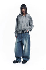 Stripe Lettering Denim Pants - Medium Blue