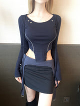1208. Eyelet ribbon curved crop T (2color)