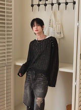 26SS★ [PLAN MADE/MADE]スラント スナップ ダメージ ニット