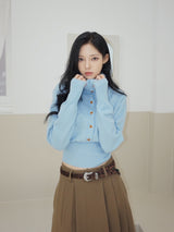 Sky blue high-neck button long-sleeved knitwear