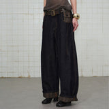 Ethnic Pattern Curved Washed Denim Pants