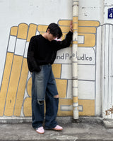 Ripper washed wide denim pants