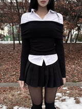 Off-shoulder color scheme shirt slim fit ribbed long sleeve knit T (2 colors)