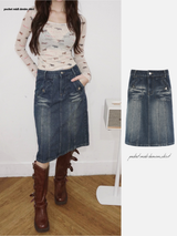 pocket midi denim skirt