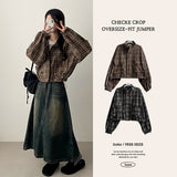 Logle High Neck Check Crop Zip-Up Jumper