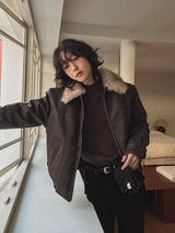 [premium] Frame Raccoon Collar Leather Jacket