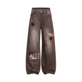 Brown Star Patch Washed Denim Pants