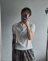 Rib shawl patch henley neck short sleeve t-shirt