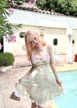 ROSE ISLAND ホルターネックライトピンク&グリーンフローラルワンピース