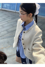 No Collar Round Tweed Loose Fit Jacket