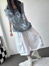 Swan Stripe Letter Patch Hooded Sleeveless Top 3color