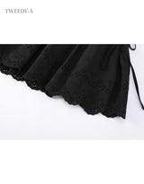 Double ribbon lace banding flare skirt black