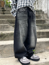 Tory dark blue washing semi-wide denim pants