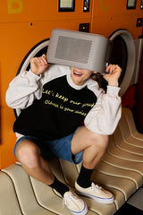 レタリングラグランスウェット／ブラックアッシュ-グレー [Unisex]