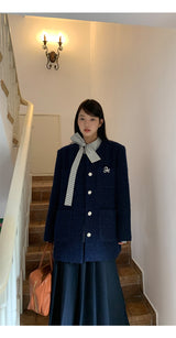 Renee Navy No Collar Round Half Coat
