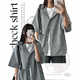 エンブチェッカーショートスリーブフードシャツ (3 colors)