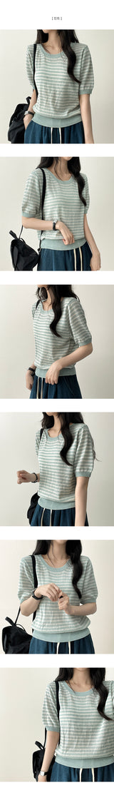 Lean-Linen カラーストライプダンガラ半袖ニット [Round Neck & V-Neck]