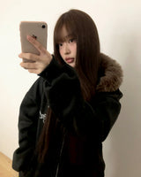 Lahin Printed Oversized Faux Fur Hood Zip-Up