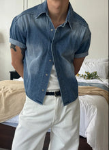 [MUSCLE FIT] Crop denim shirts(2color)