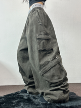 FLEECE/STRING TWO CARGO RIVET WIDE BALLOON LONG PANTS💚🤎🖤🩶4COLOR