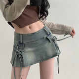Earth low waist ribbon micromini denim skirt pants