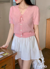 Pastel Pogeun Ribbon Short-Sleeved Knit Cardigan (3color)