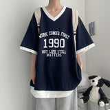 コロ カラーブロック Vネック ボクシーフィット 半袖スウェット(3color) H&L