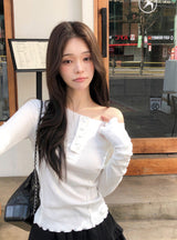 Off Shoulder Half Button Slim T-shirt (3color)