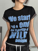 Color Contrast Dart Print Semi-Cropped T-Shirt 5color