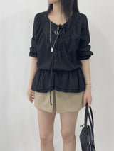 Ceruni Strap Shirred Frill Button Long Sleeve Blouse