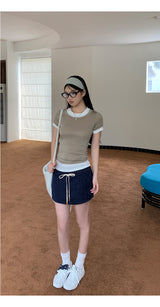 Navy drawstring terry mini skirt