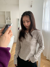 シュージフラワーワッフルヘンリーネック長袖Tシャツ