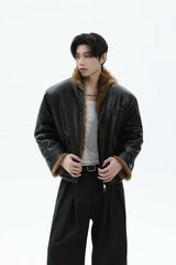 Faux Leather Fur Collar Puffer