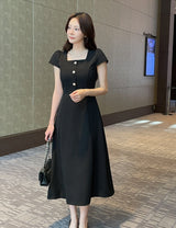 Nedel Square Neck Tweed Flare Long One Piece