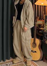 Unisex Couple Golden Hooded Sweatshirt and Cargo Drawstring Pants Set