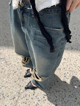[OOTJ ITEM] ルステッドウィークデストロイドワイドルーズフィットロングデニムパンツ (Denim)