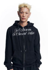 Lettering Embroidered Hoodie Zip-Up - Black