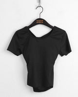 Rook back opening ribbon strap short sleeve t-shirt
