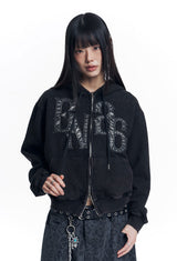 Washed Leather Patch Hooded Zip-Up - Black