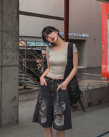 ビンテージワイドデニムバミューダパンツ