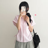 ジアスリーブロールアップサイドラインシャーリングシンストライプ半袖シャツ (2 colors)