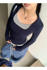 Square Navy Layered Long Sleeve T-Shirt
