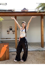 Lace Black Side Shirring Casual Pants