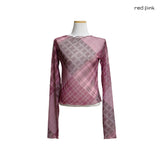 (2color) Sheer Patchwork Check Mesh Wave Tee