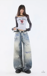 Hand-Painted Distressed High-Waisted Wide-Leg Jeans