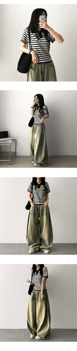Rmin Side Pintuck Summer Long Pants Denim Wide Pants [Choose short and long]