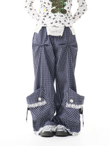 ブルーチェックレースドローストリングポケットパンツ