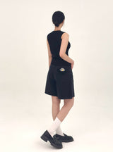 3RD リオーダーヒップポケット刺繍ブラックデニムショーツ ロング code 25106
